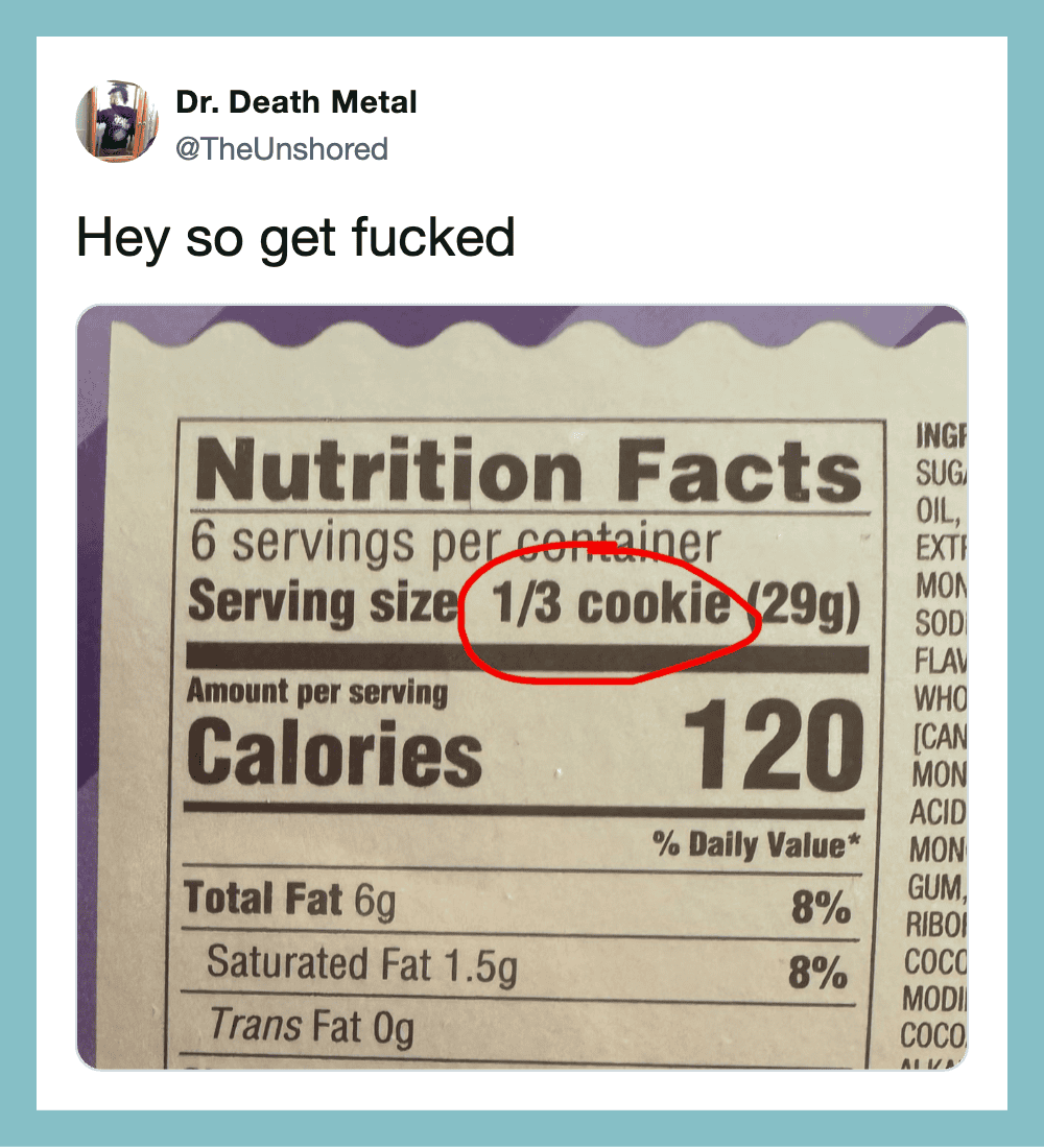 Nutrition facts label showing 1/3 cookie serving size.