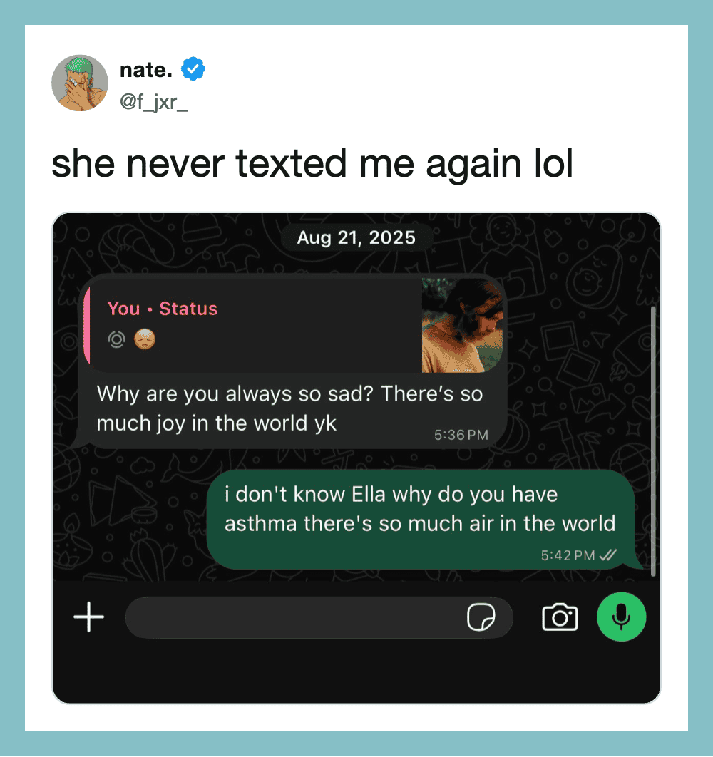 Screenshot of a WhatsApp chat with a sad emoji and a humorous reply about asthma and air.