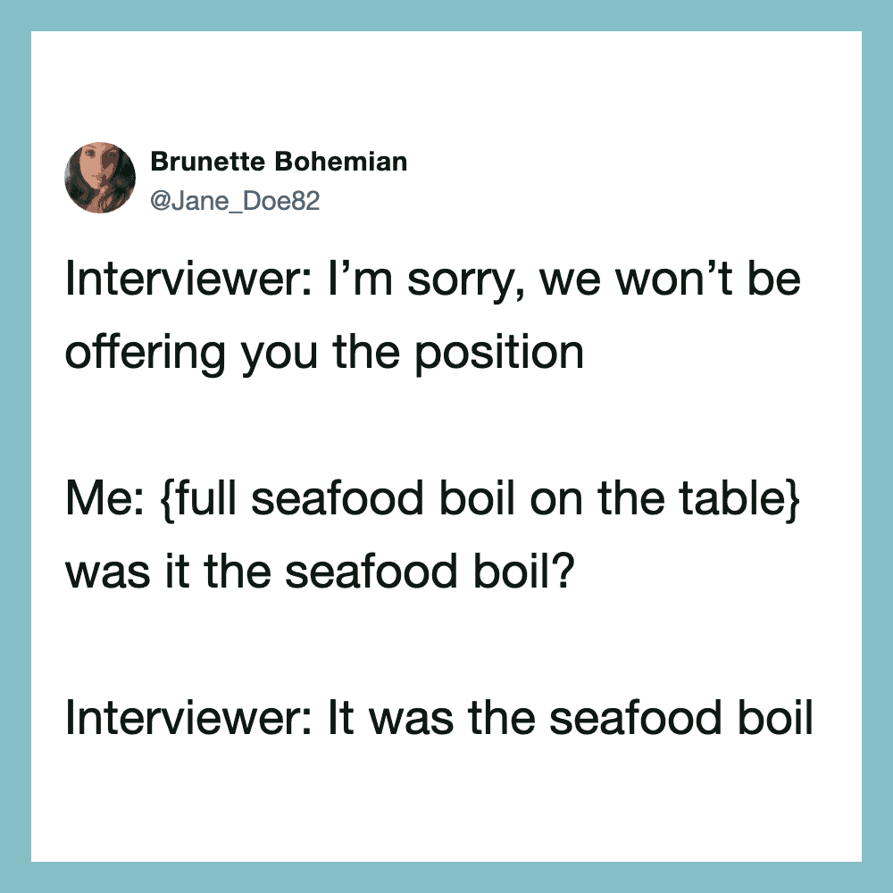 Twitter post by Brunette Bohemian about a seafood boil misunderstanding.