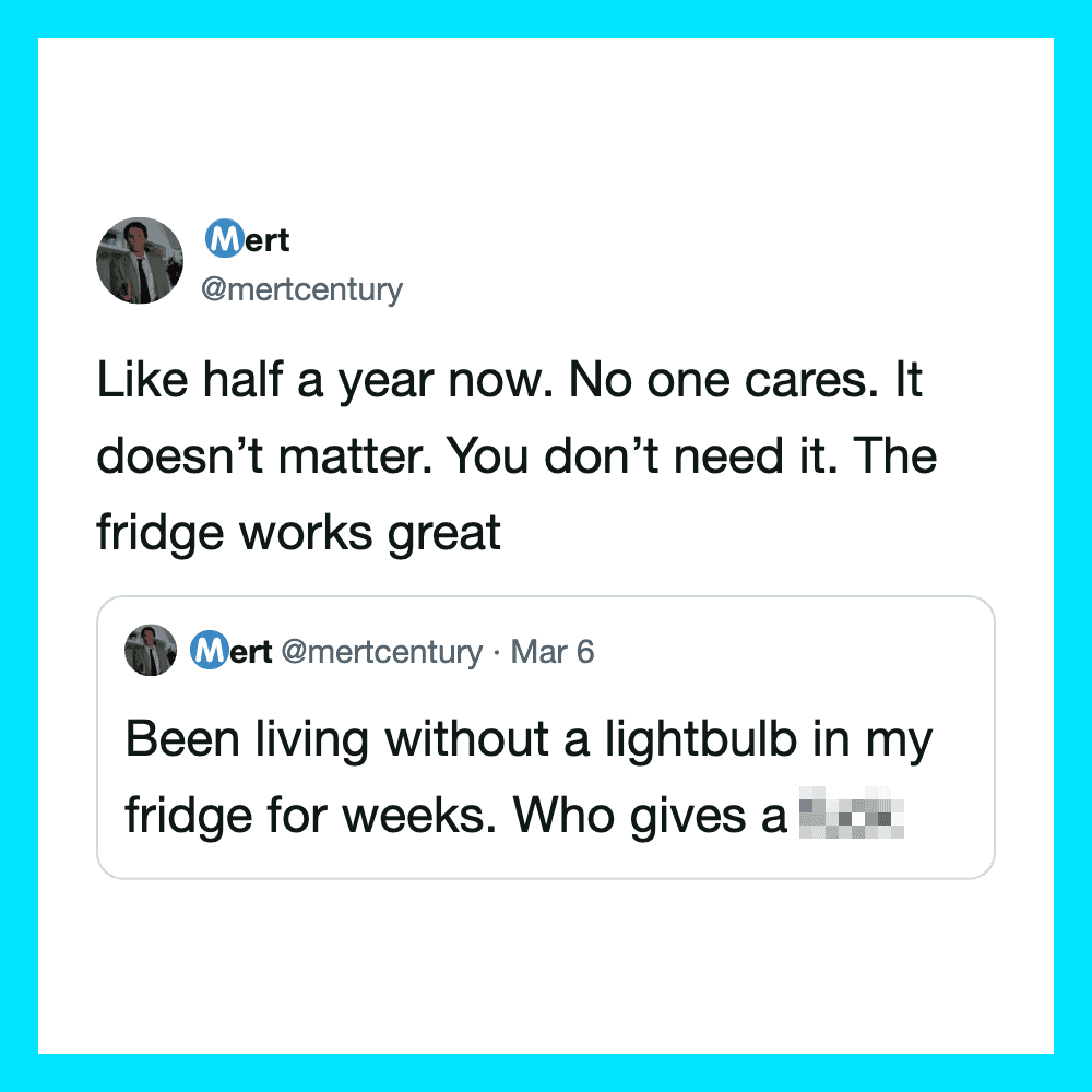 Twitter screenshot of a tweet about living without a lightbulb and fridge issues.