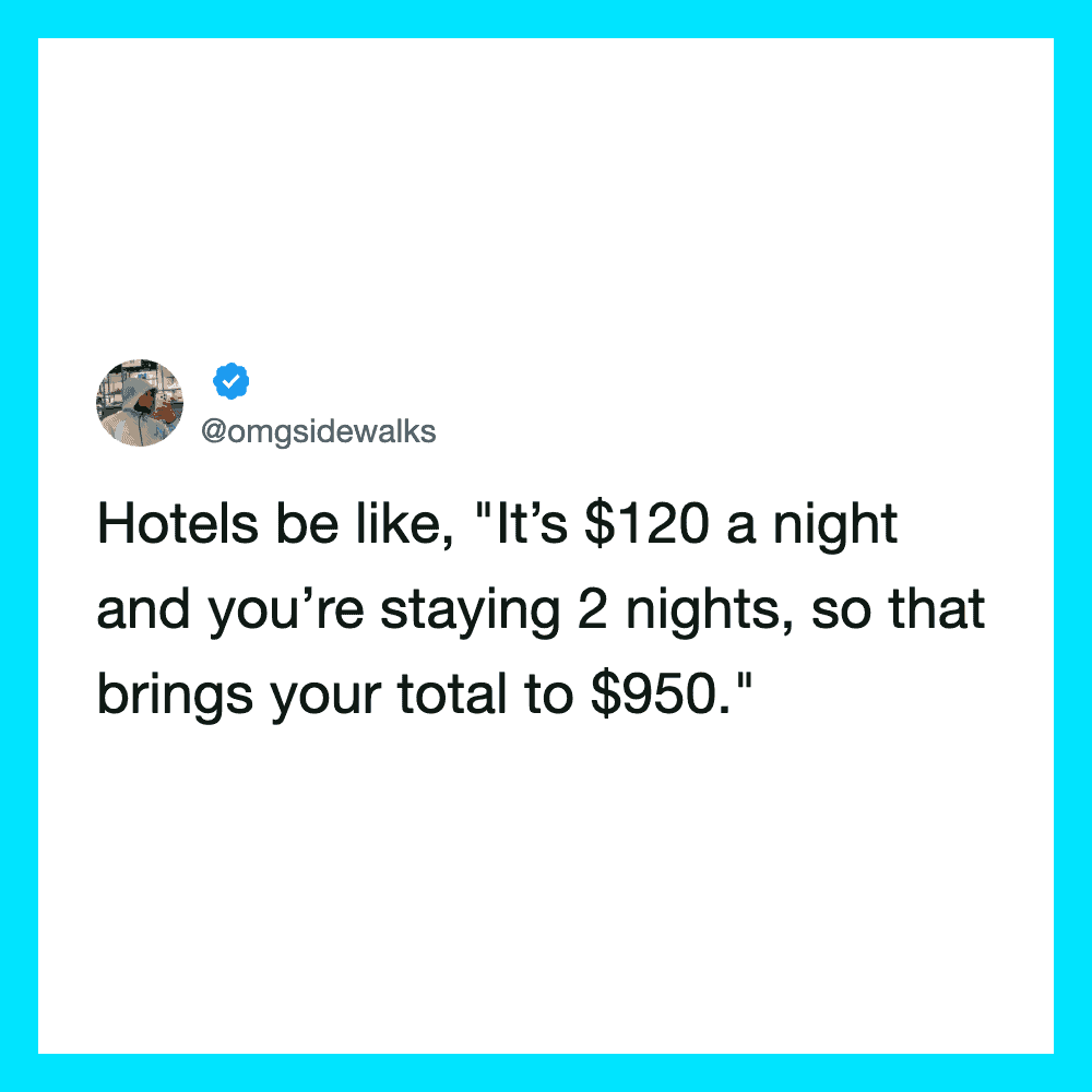 Twitter post about hotel pricing and stay duration.