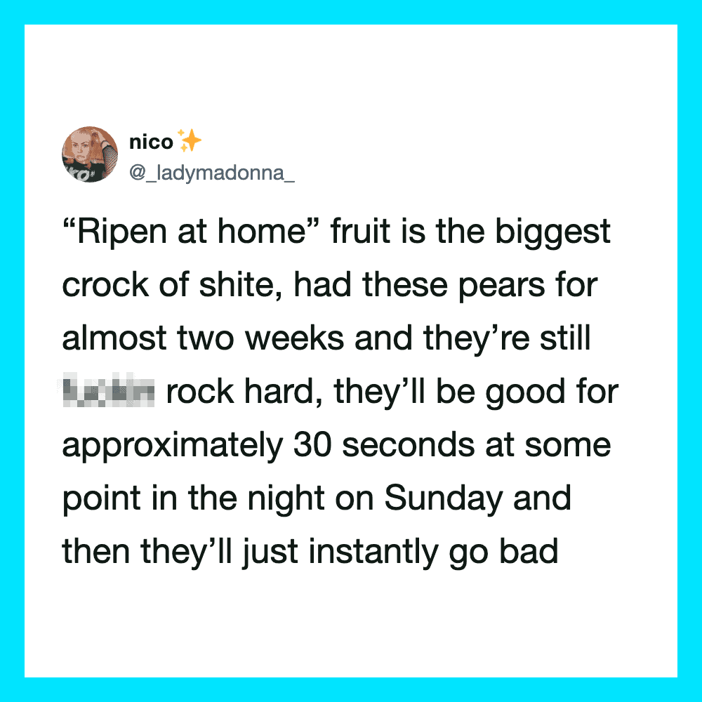 Tweet about ripening pears being hard and lasting about 30 seconds at night.