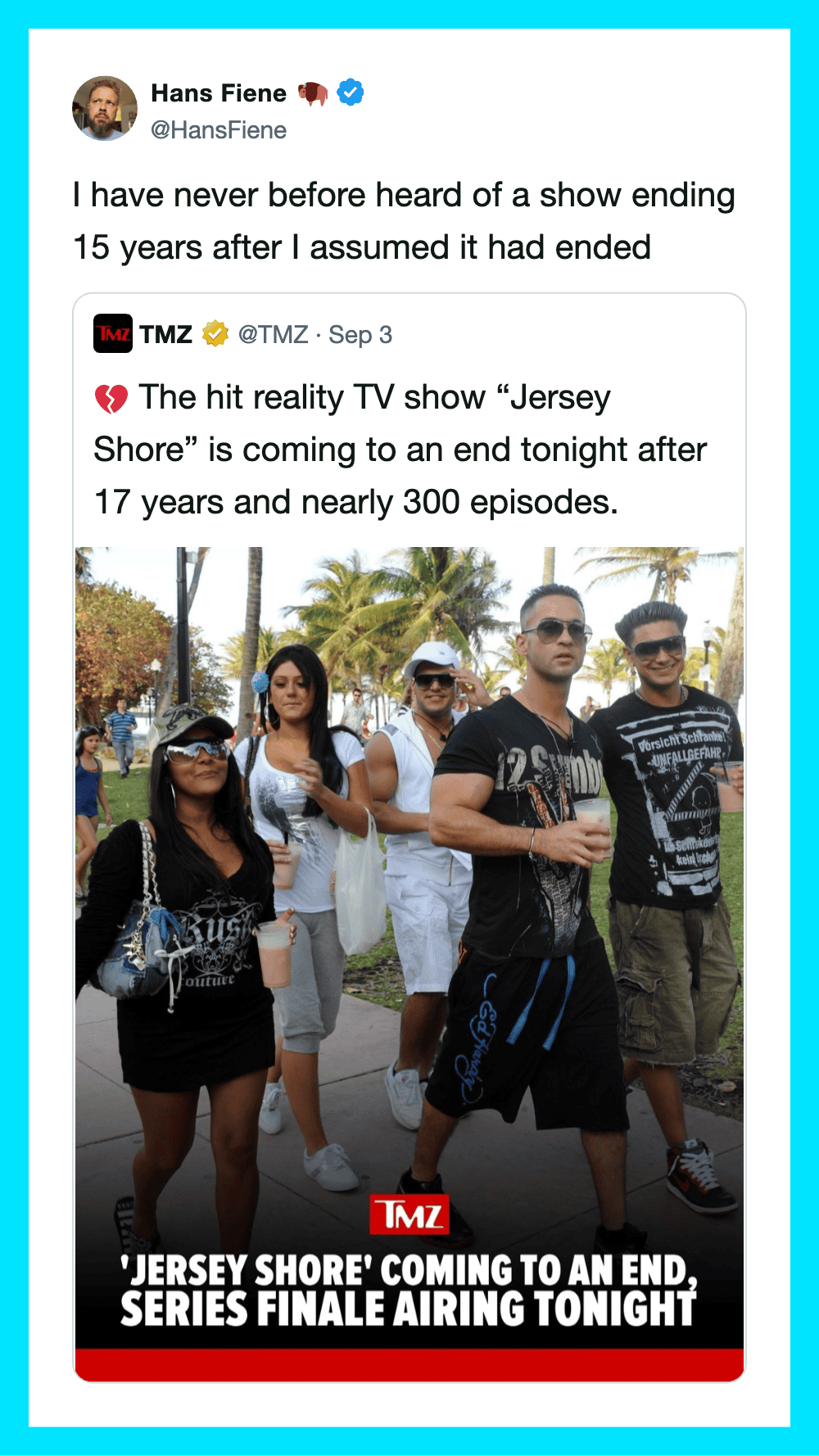Group of people outdoors, some wearing sunglasses, with palm trees in background.