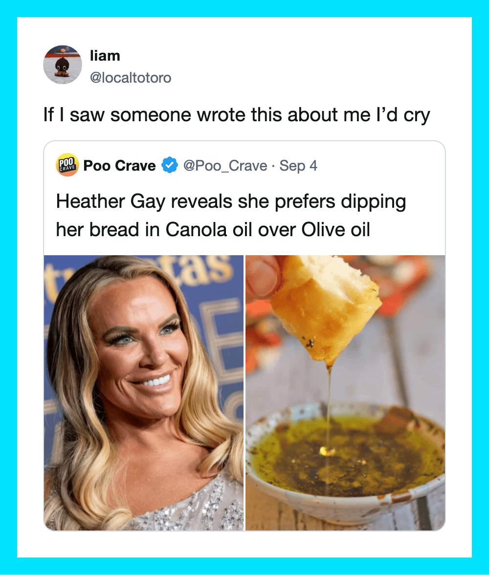 Liam's tweet about Heather Gay and her bread dipping preference.