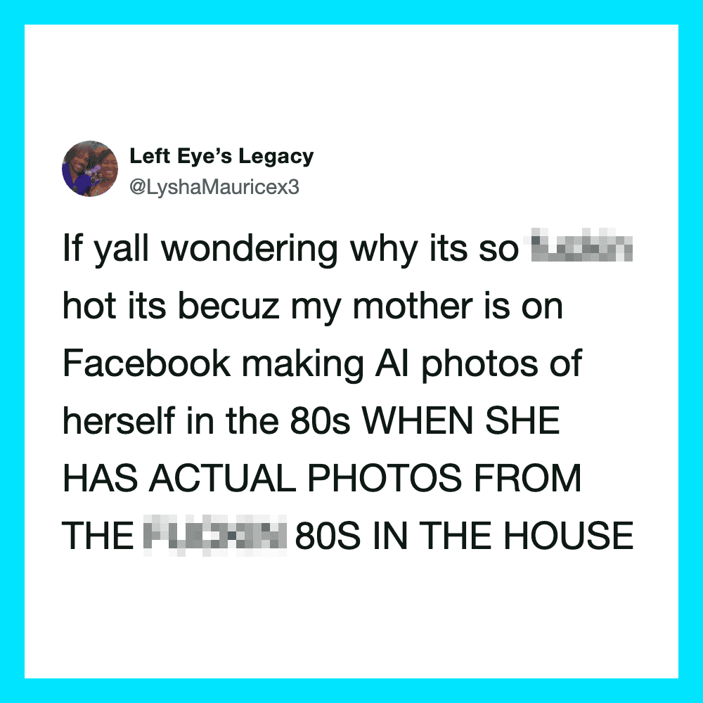 Twitter post about AI photos of mother in the 80s and Facebook making AI photos of herself.