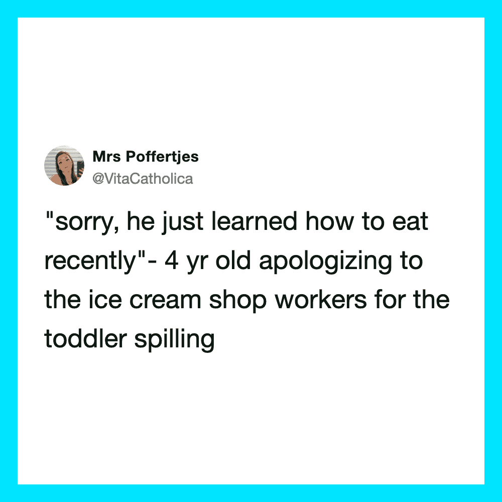 Mrs Poffertjes tweet about a 4-year-old learning to eat recently and apologizing to ice cream shop.