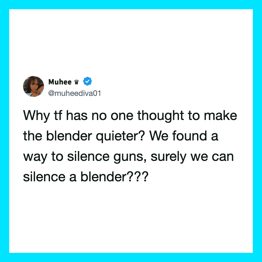 Twitter post by Muhee about making a blender quieter and silencing guns.