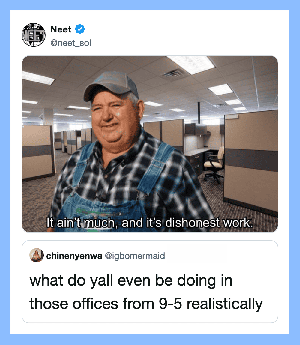 A man in a plaid shirt and overalls in an office, smiling, with the caption 'It ain't much, and it's.