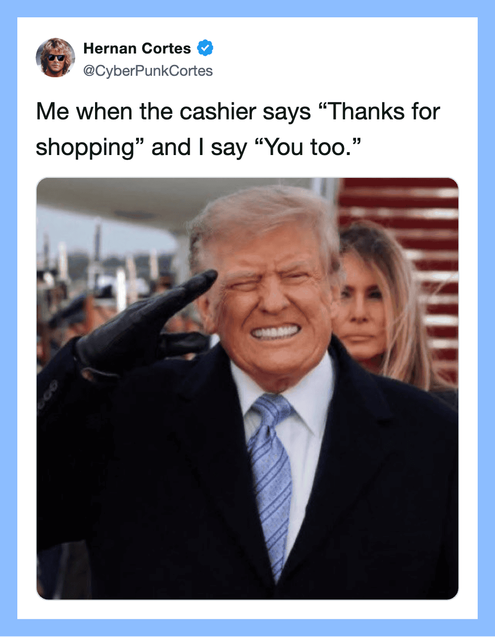 Donald Trump salutes with a smile, eyes closed, in front of a woman at an outdoor event.