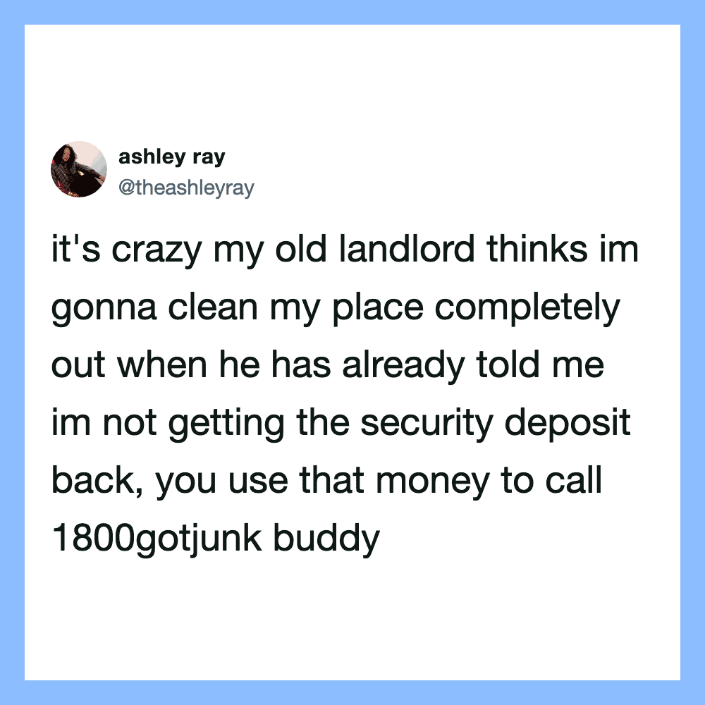 Twitter post by ashley ray about her landlord and security deposit.