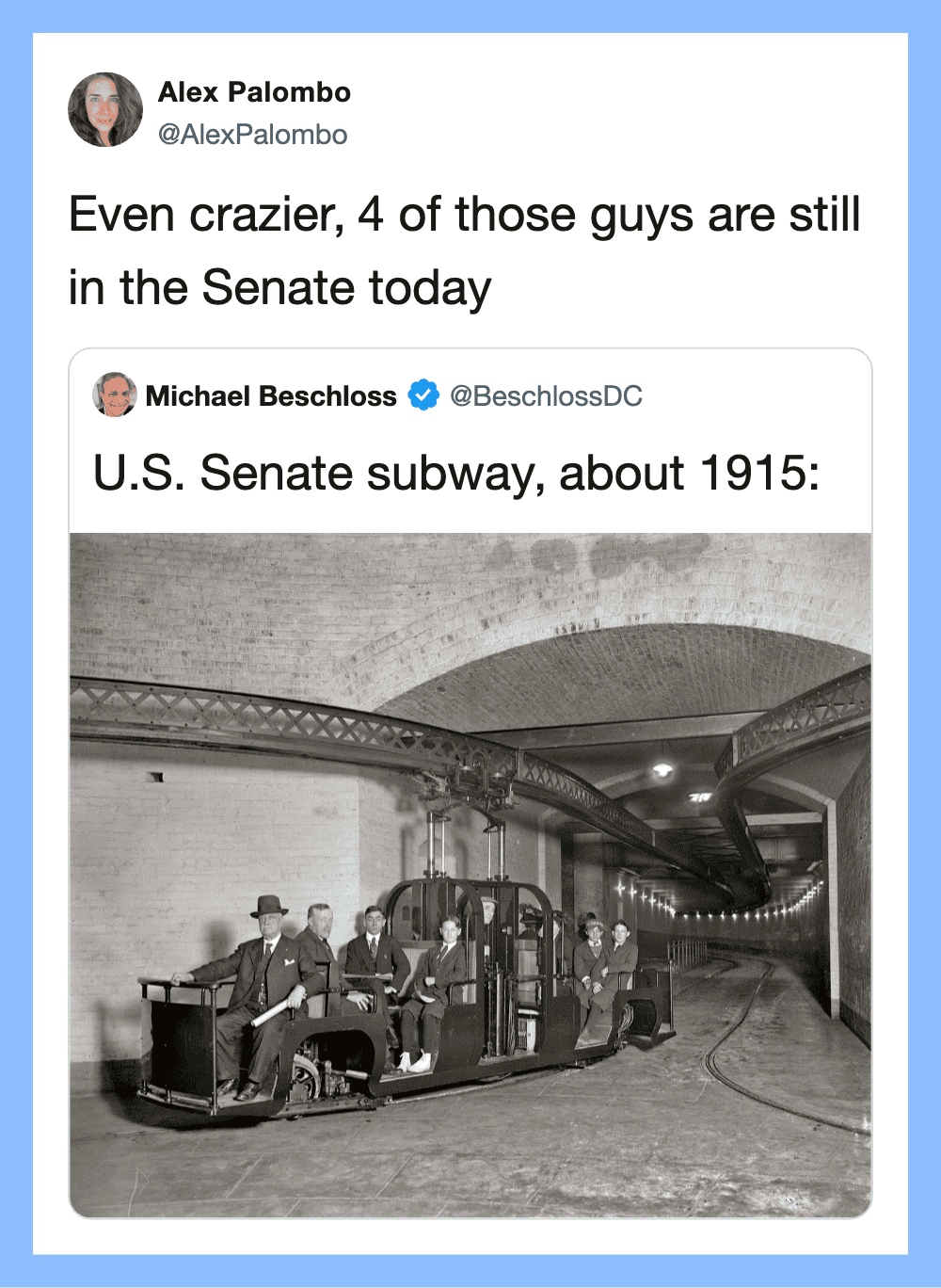 U.S. Senate subway around 1915 with men in early 20th-century attire on a small train.