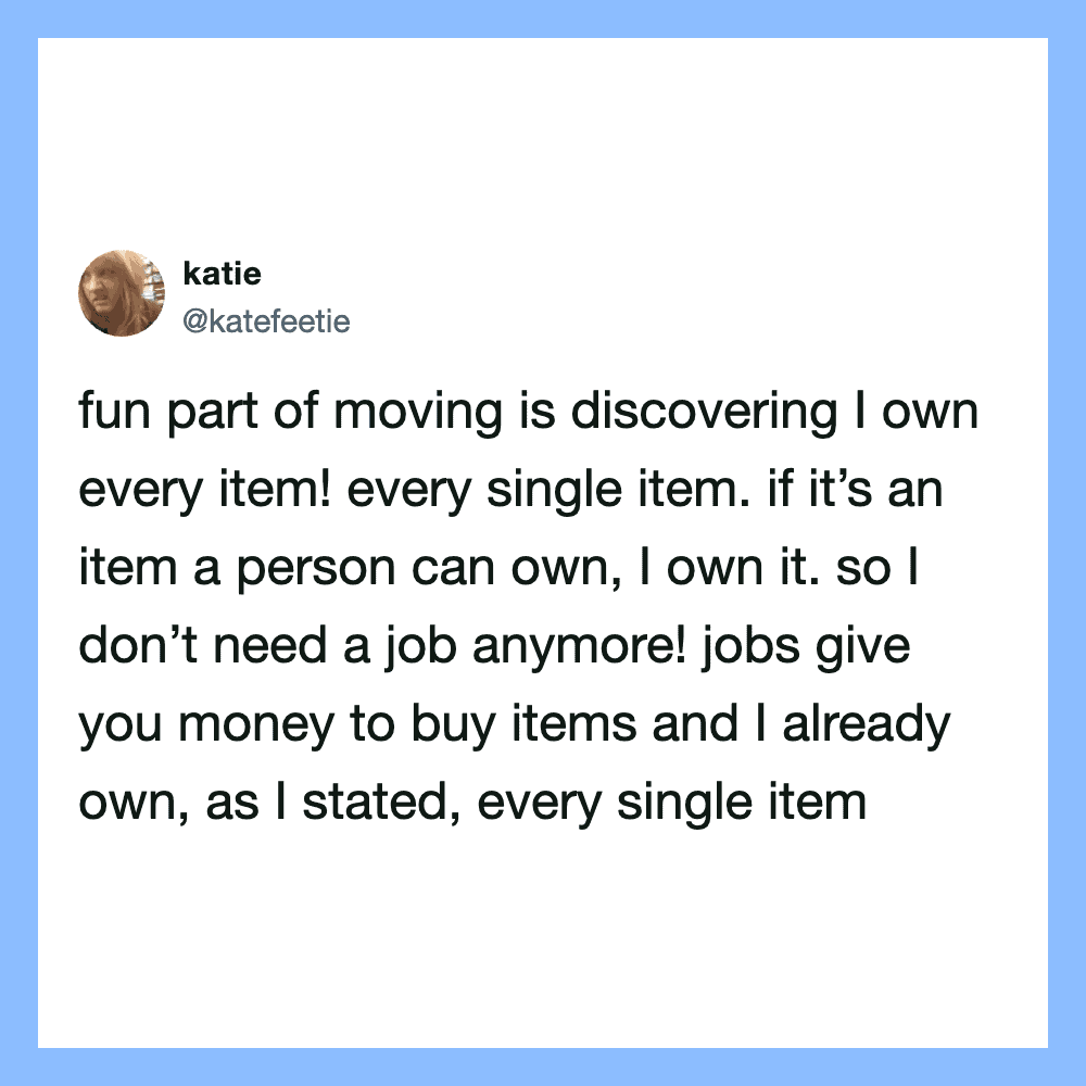 Twitter post by katie about owning items and not needing a job.