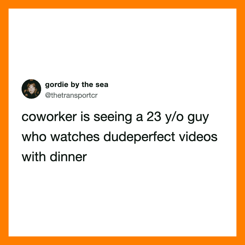 Coworker sees a 23-year-old guy watching dudepperfect videos with dinner.