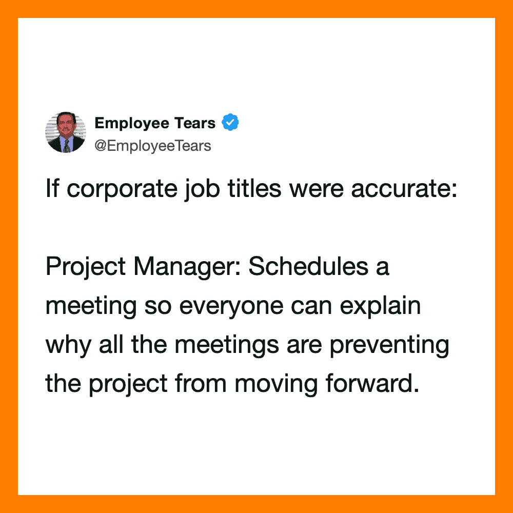 Employee Tears tweet about project manager scheduling meetings to explain delays.