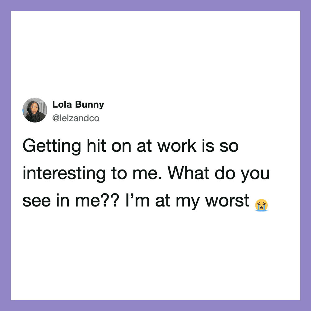 Tweet by Lola Bunny about work being interesting and her worst feeling.