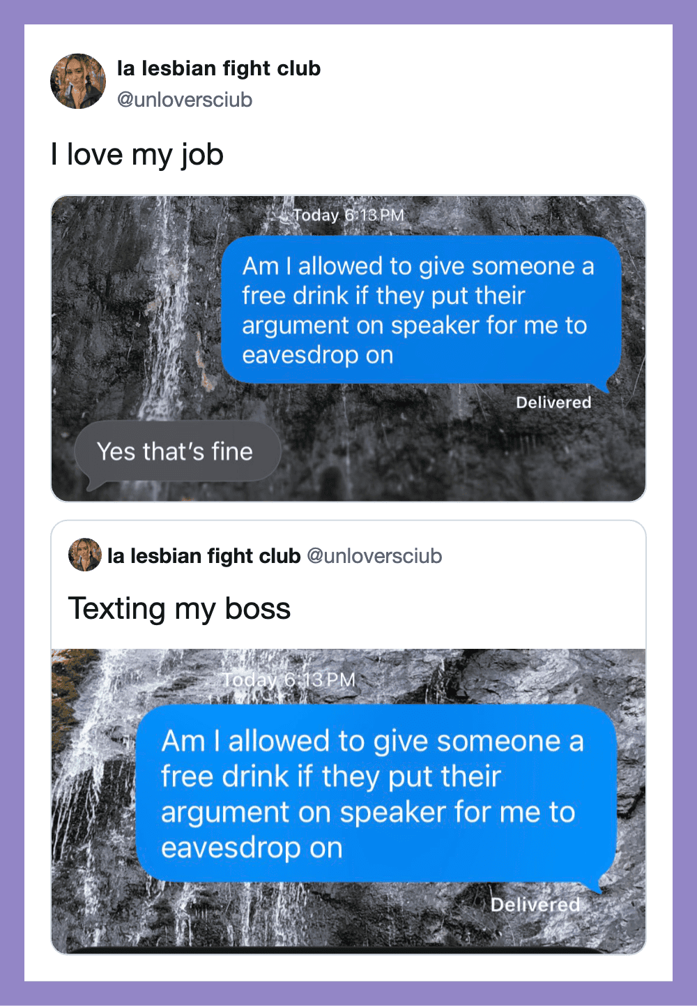Screenshot of a chat conversation about giving free drinks and texting the boss.