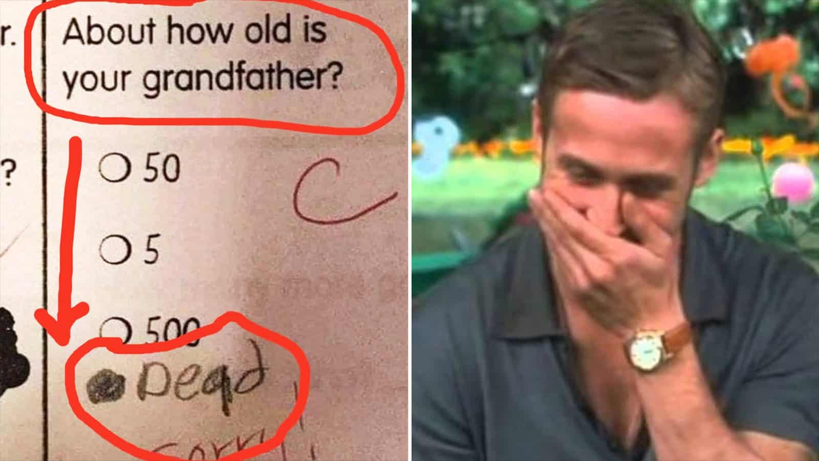 Question about grandfather's age with humorous answer 'dead' and a man covering his mouth.