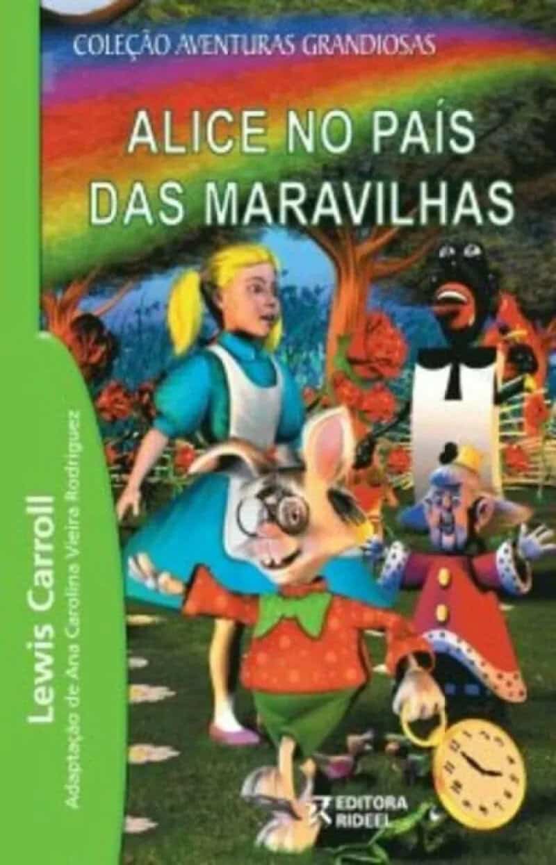 Book cover of 'Alice no País das Maravilhas' with Alice and characters in a colorful scene.