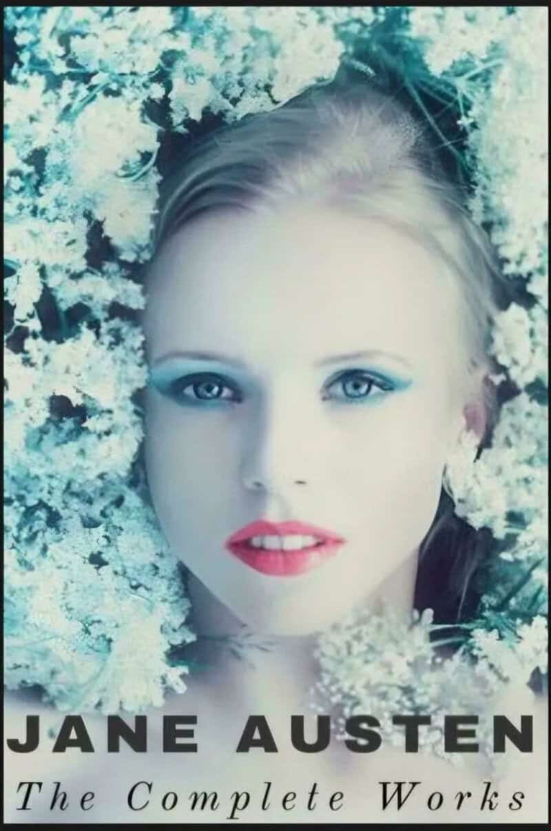 Close-up of a woman with blue eyes and red lipstick surrounded by white flowers.
