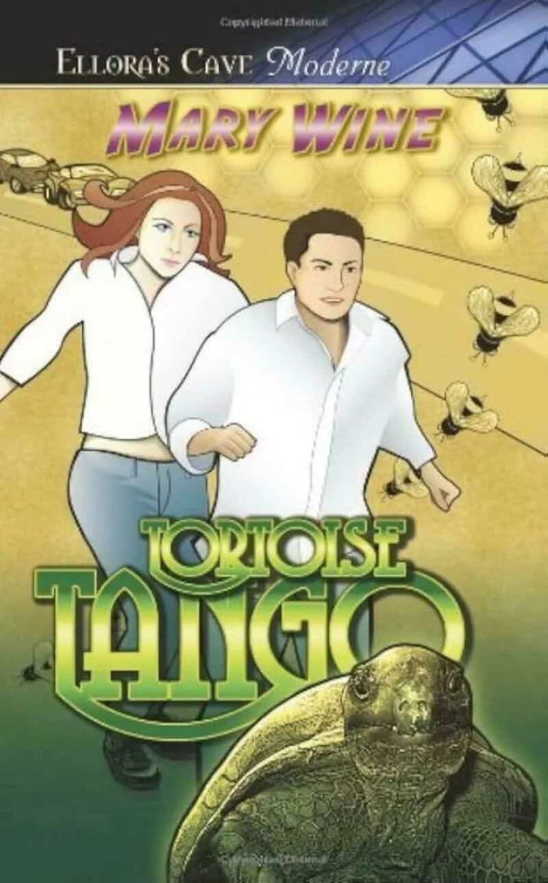 Book cover for 'Tortoise Tango' by Mary Wine, featuring a man and woman with a tortoise.