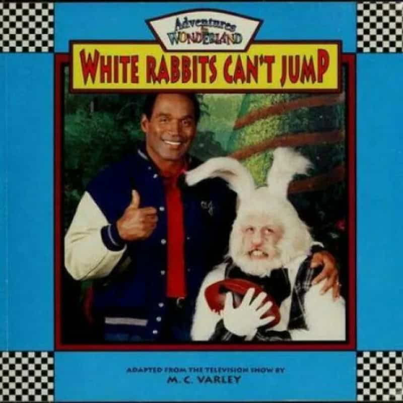 Book cover for 'White Rabbits Can't Jump' from Adventures in Wonderland series.