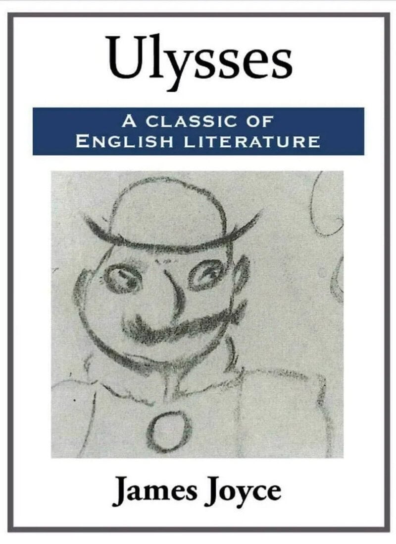 Ulysses book cover with a sketch of a man with a hat and mustache.