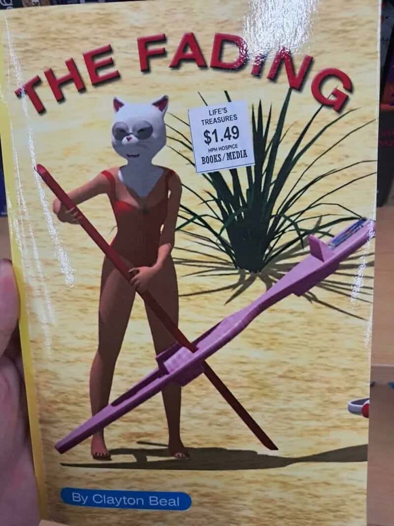 Book cover titled 'The Fading' with a humanoid cat character holding a pink paddle.