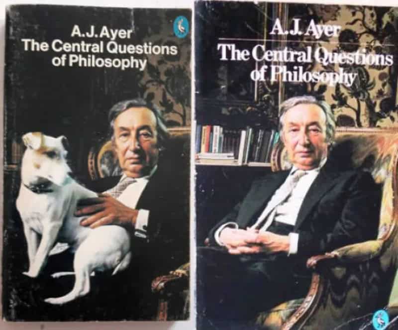 Book cover of 'The Central Questions of Philosophy' by A.J. Ayer, with a man and a dog.
