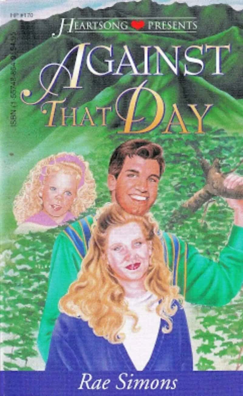 Book cover for 'Against That Day' by Rae Simons, featuring a smiling man and two girls in a green, h.