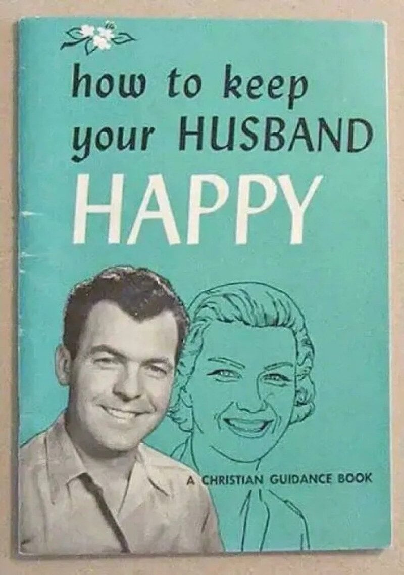 How to keep your HUSBAND HAPPY book cover with photo and illustration of a smiling man and woman.
