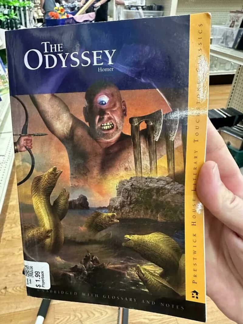 The Odyssey book cover with a fierce man and mythical creatures.