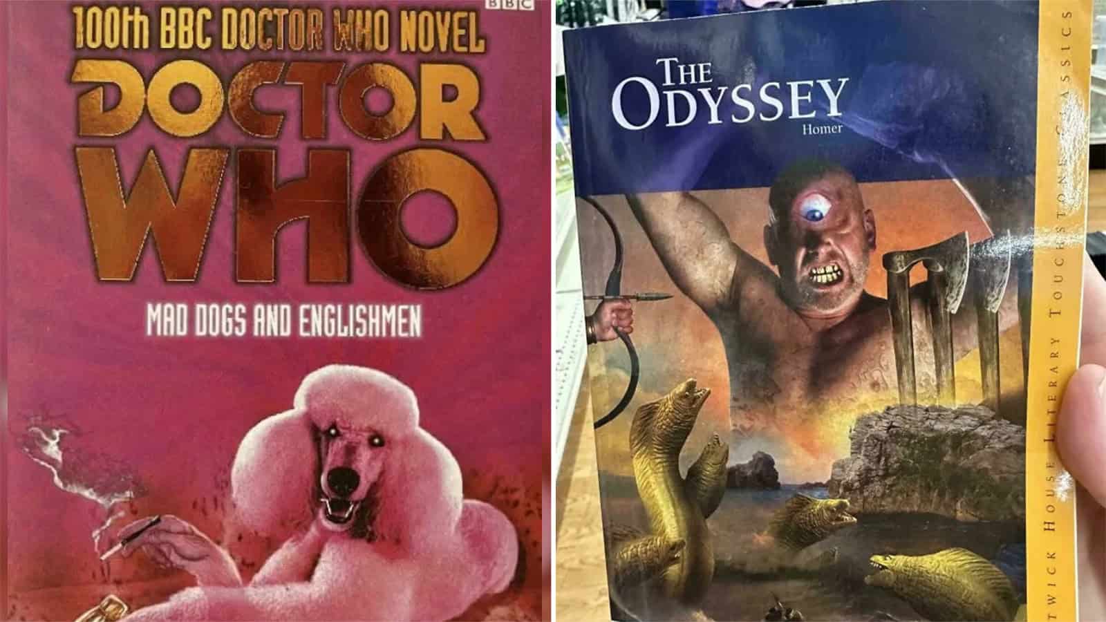Book covers of 'Doctor Who Mad Dogs and Englishmen' and 'The Odyssey' with fantasy artwork.