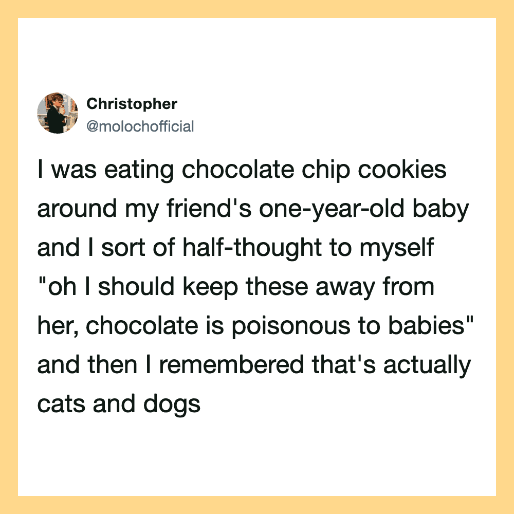 A tweet about eating chocolate chip cookies near a one-year-old baby.