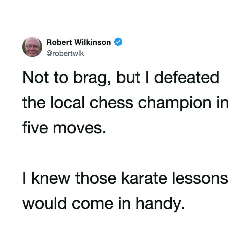 Robert Wilkinson's tweet about defeating a chess champion in five moves.