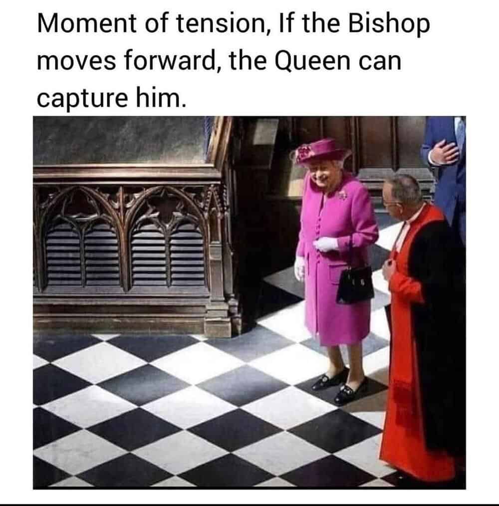 Queen can capture bishop if bishop moves forward, tension moment.