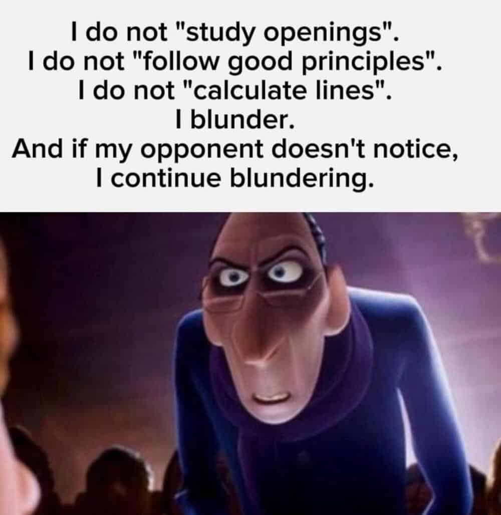 Funny chess meme with a villain from Despicable Me and text about chess strategies.