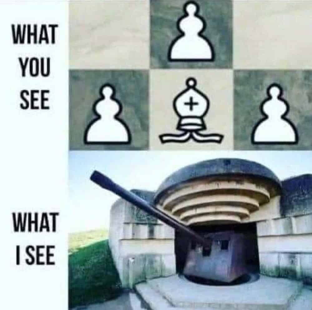 Chess meme comparing a chessboard with a bunker entrance.