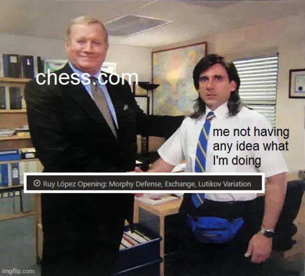 Two men in an office, one in a suit and the other in a school uniform, with text about chess and a L.