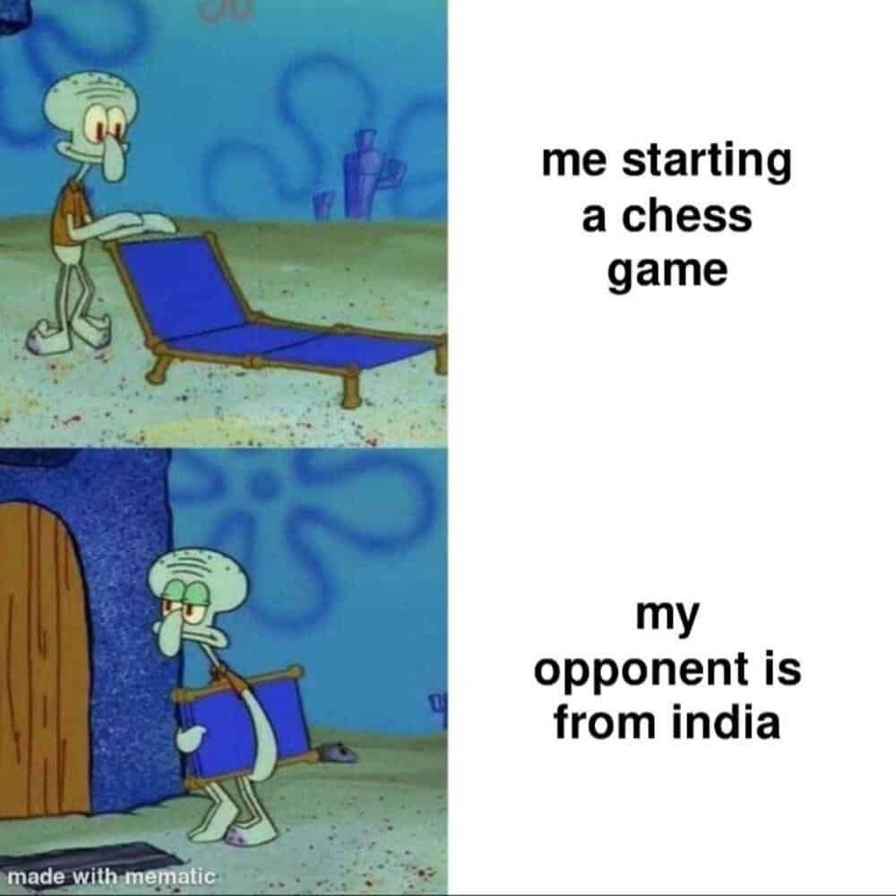 SpongeBob meme about starting a chess game with an opponent from India.