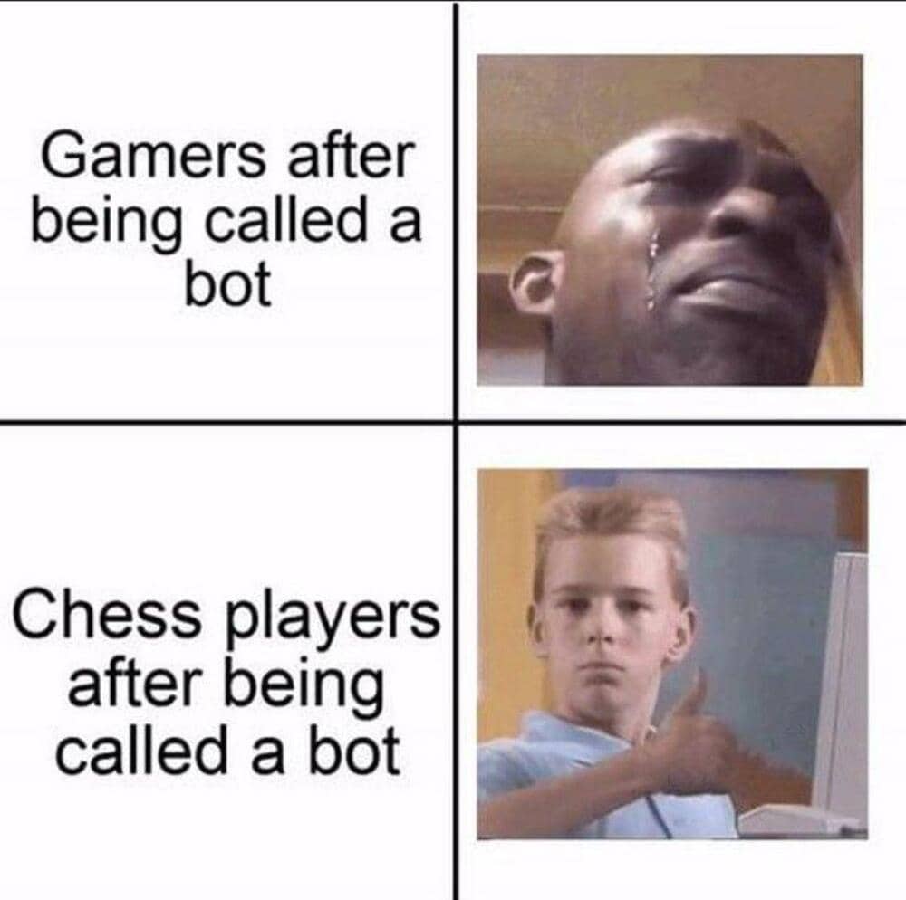Gamers crying after being called a bot, chess players giving thumbs up after being called a bot.