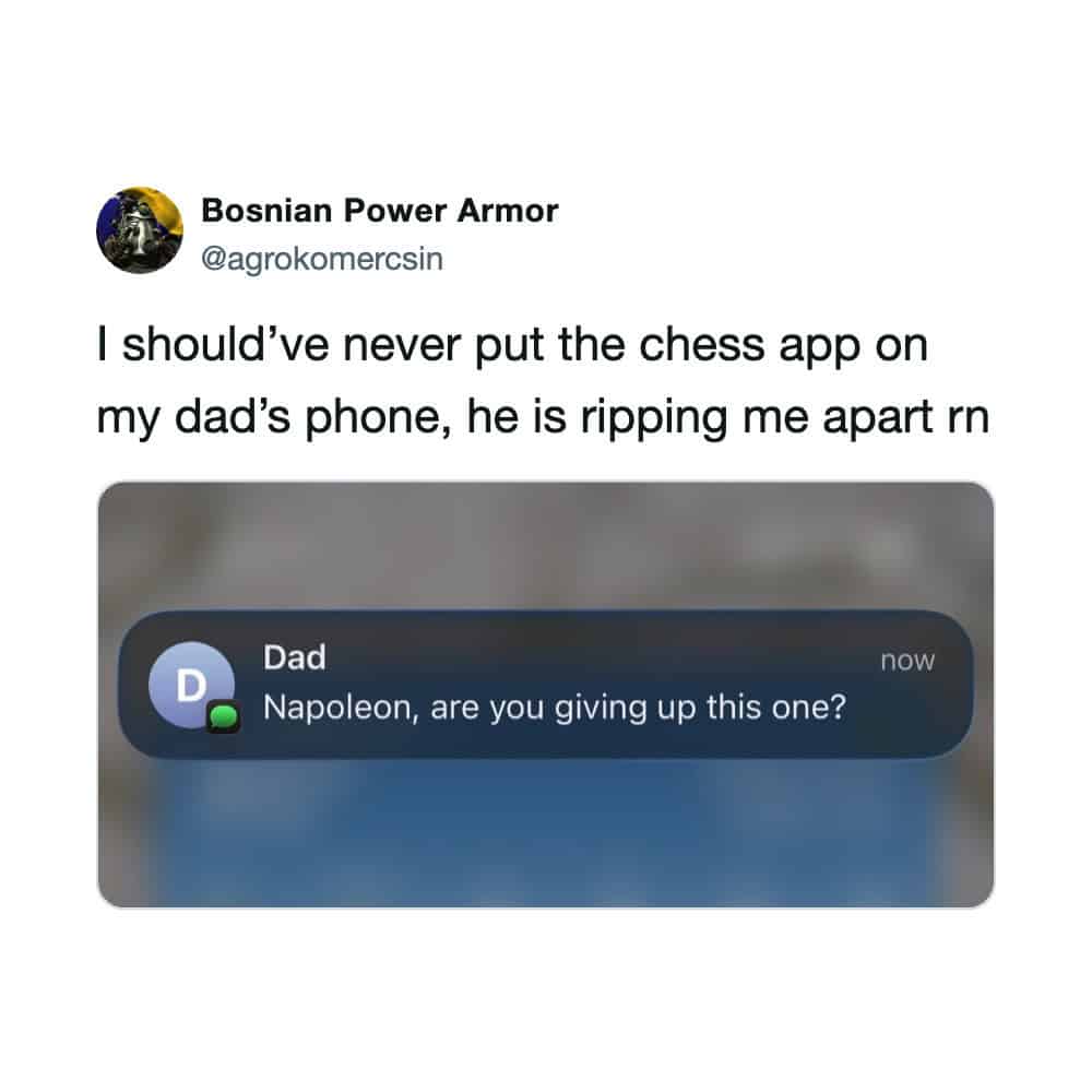 Text message from dad asking Napoleon if he's giving up this one.