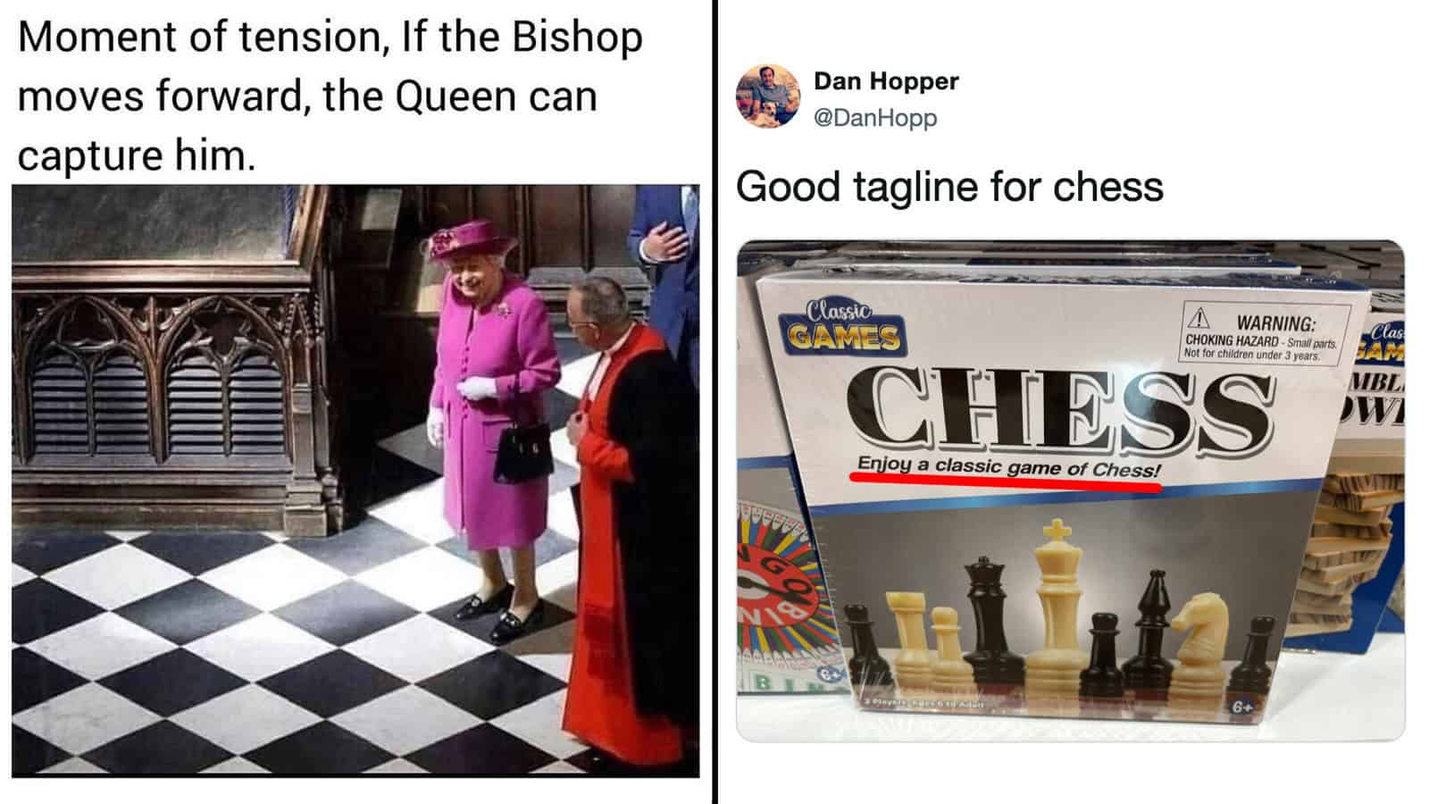 Queen and bishop on a chessboard with a caption about tension and capture.