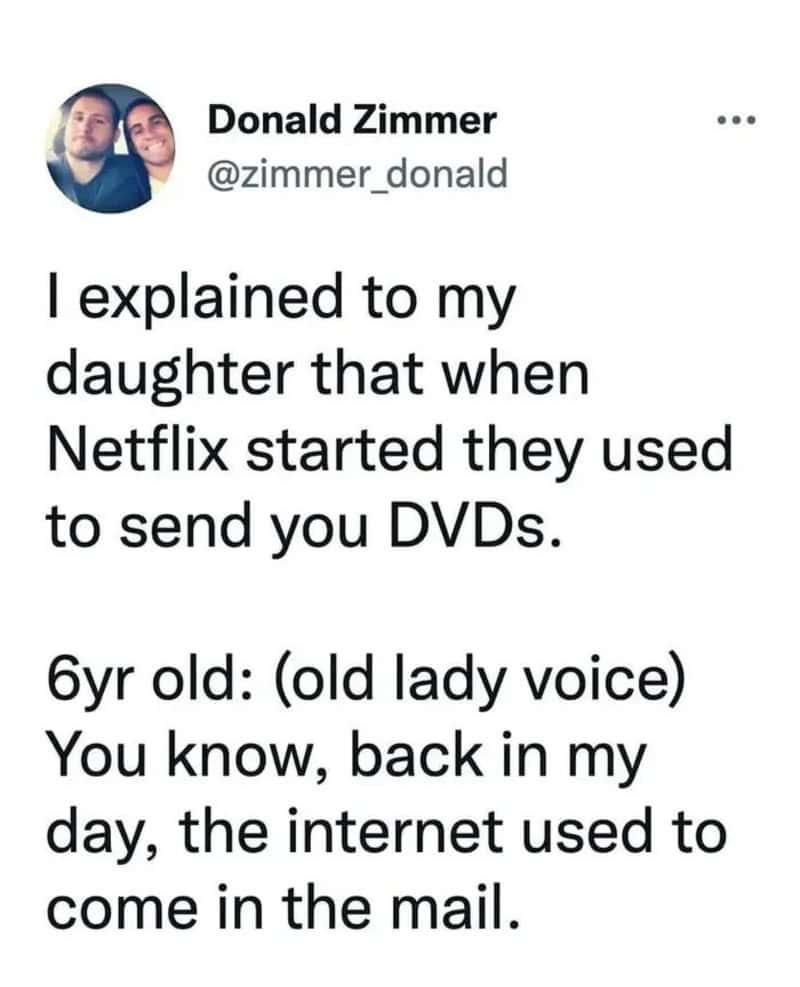 Tweet by Donald Zimmer about Netflix and DVDs, with a humorous memory.