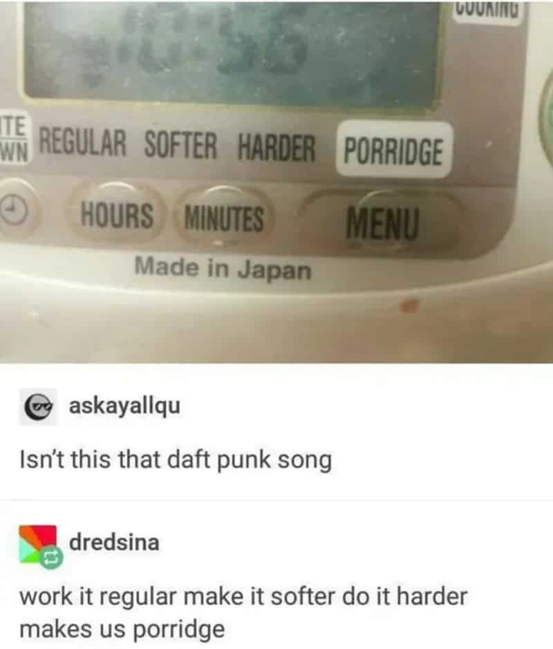 Image of a rice cooker with buttons labeled 'REGULAR SOFTER HARDER PORRIDGE' and 'HOURS MINUTES MENU.