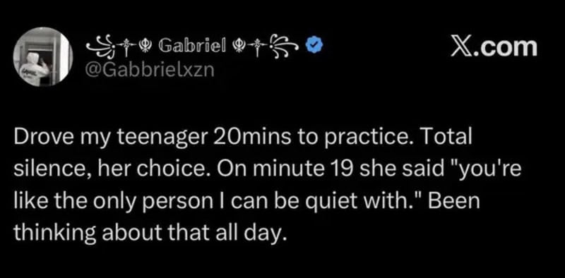 Twitter post by Gabriel about driving his teenager to practice in silence.