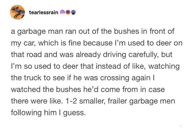 A garbage man ran out of the bushes in front of my car, which is fine because I’m used to deer.