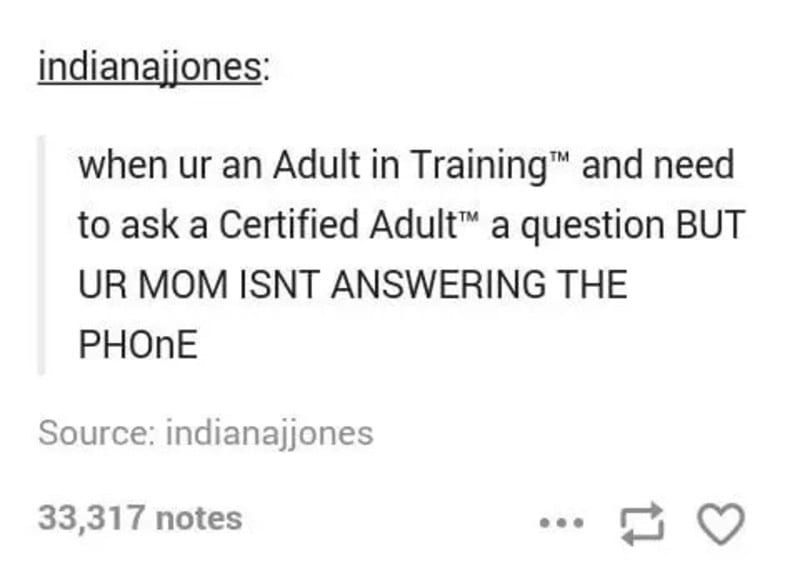 When you're an adult in training and need to ask a certified adult but your mom isn't answering the.