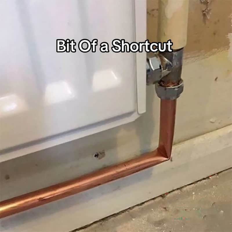 Pipe installation with a shortcut, not properly connected.