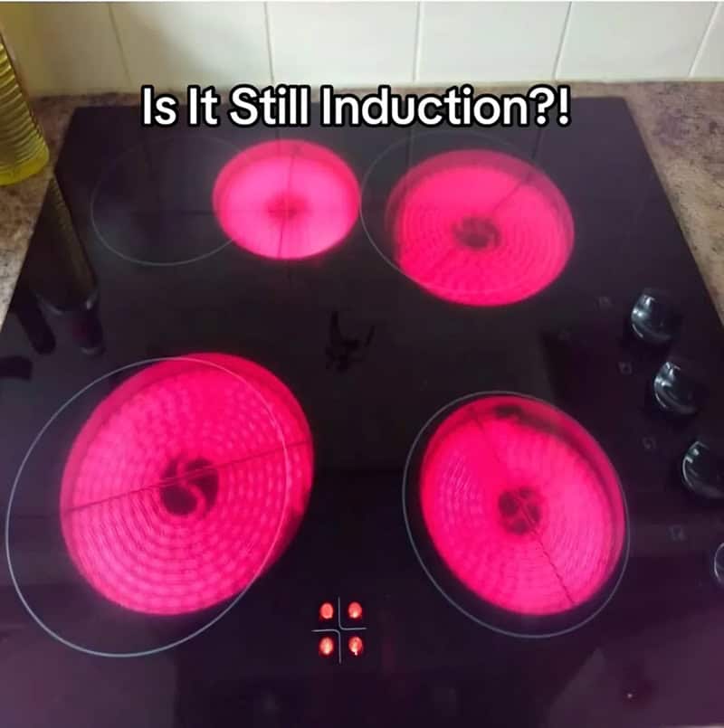 Is It Still Induction?! meme with glowing red stove burners.