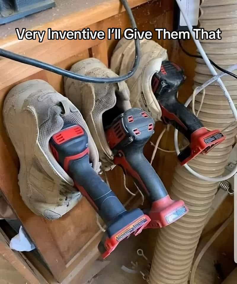 Three cordless drills in shoes on a wooden surface with a caption about invention.